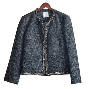 Sandro Paris Tweed Jacket Fringe Black White Gold Tone Chain Detail Sz 42